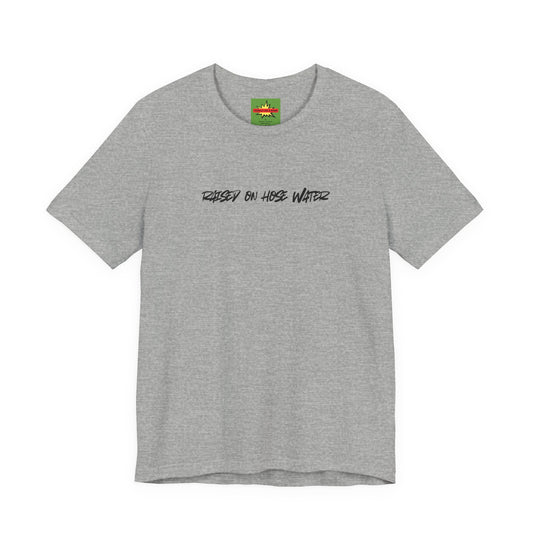 heather gray RAISED ON HOSE WATER graphic tee - funny 80s kid 90s kid old school shirt with fragile like a bomb neck label
