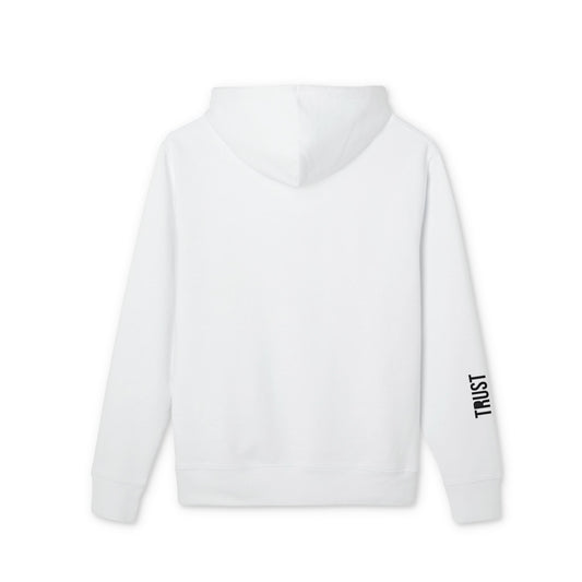 White hoodie with 'TRUST DEFIANCE' printed on sleeve against a white background