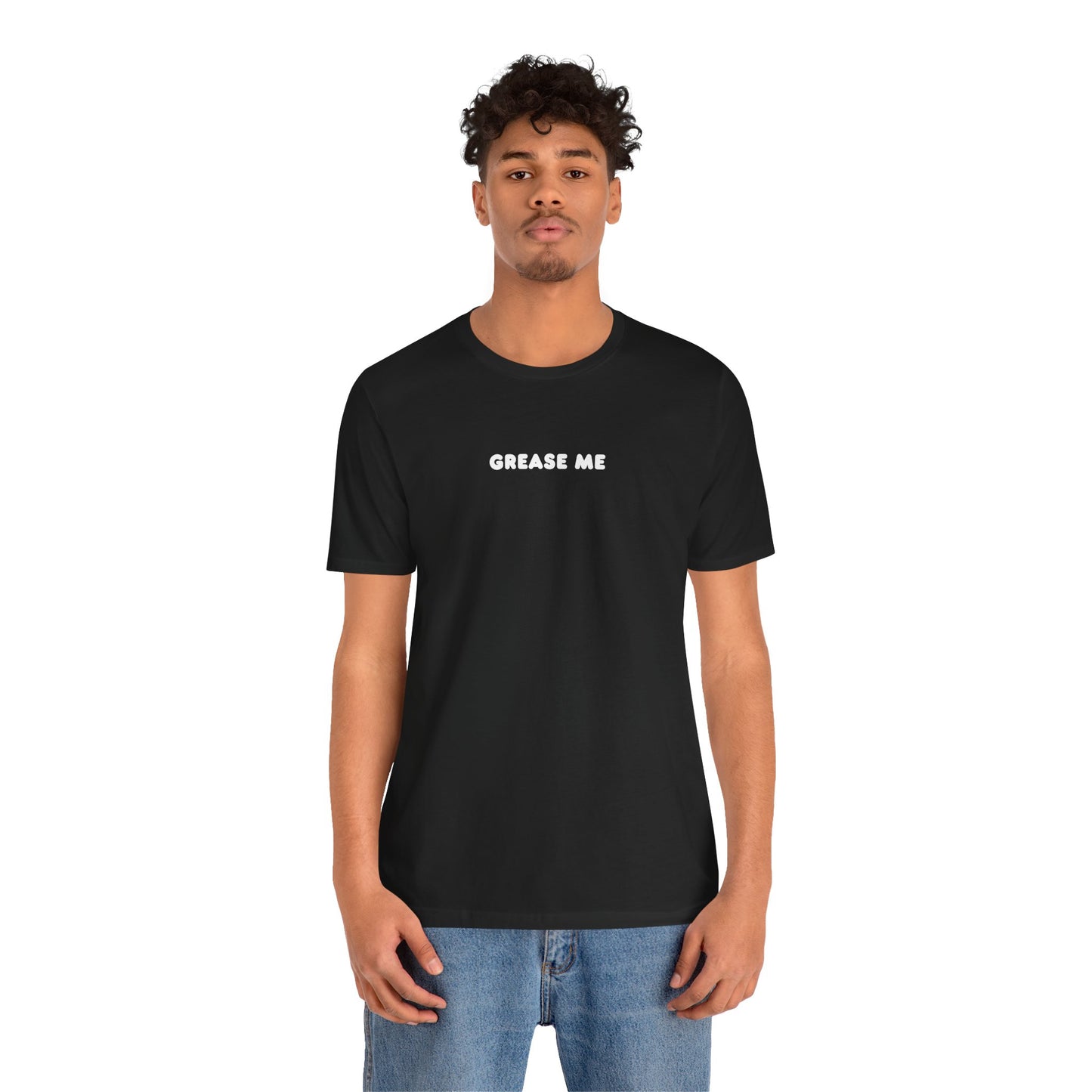 man wearing premium cotton tee -front view showing fit and graphic design text in white