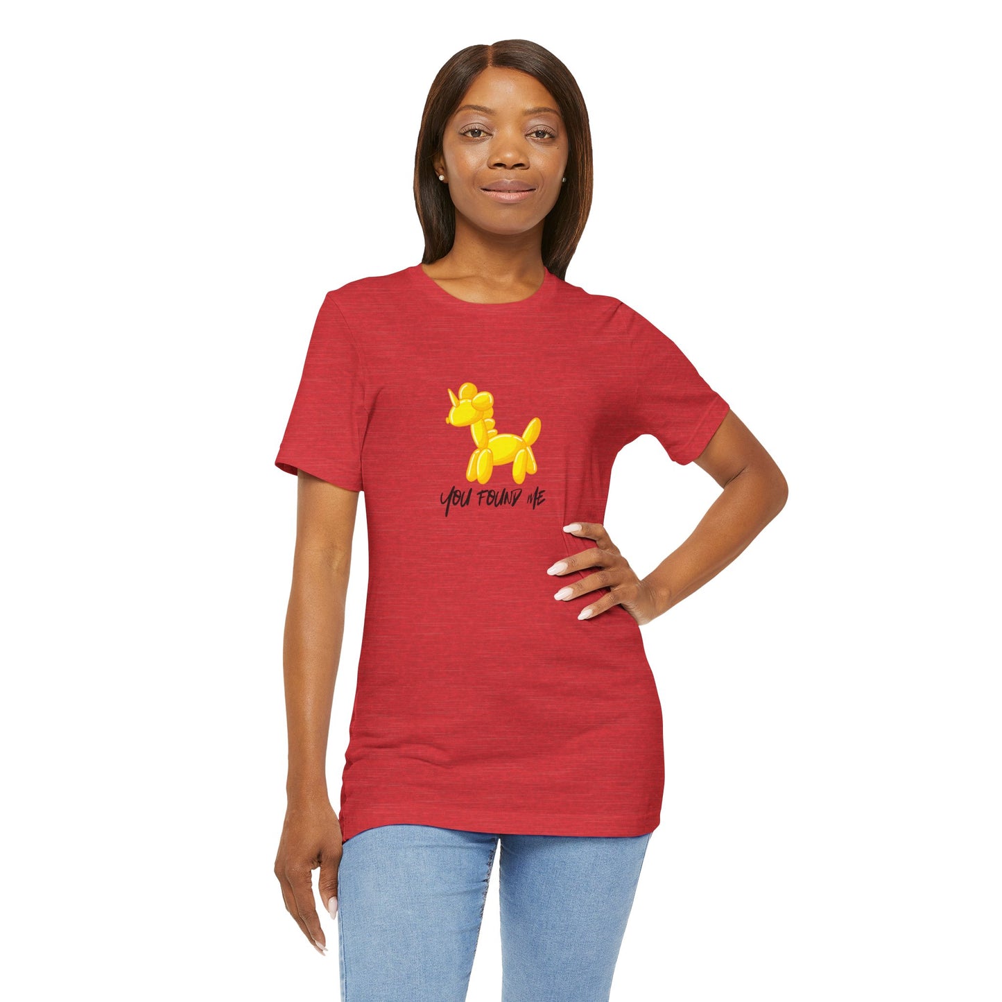 Woman wearing a red t-shirt with a yellow unicorn graphic and text on a white background