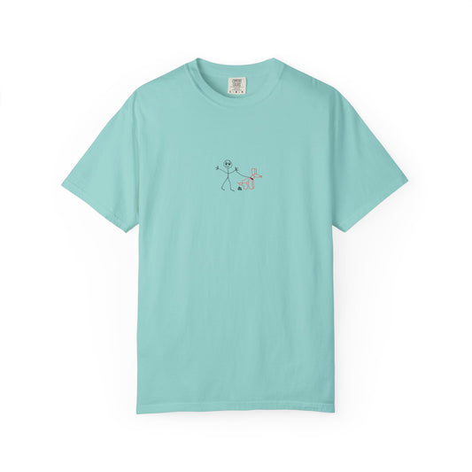 mint green t-shirt with a small a.hooman stick man and balloon dog graphic on a white background