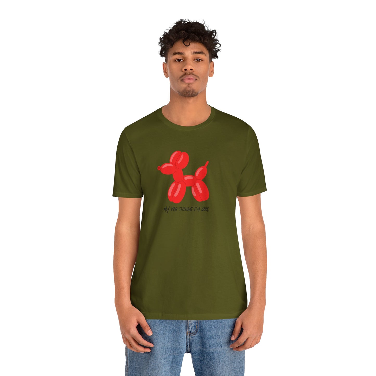 person wearing red balloon animal dog graphic on white cotton tee - playful dog design