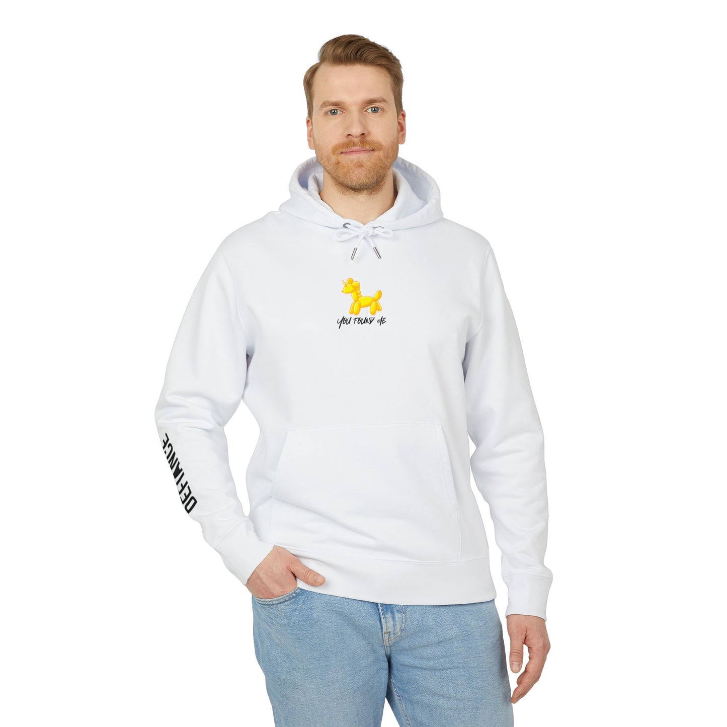 Man wearing a white hoodie with a logo on a white background
