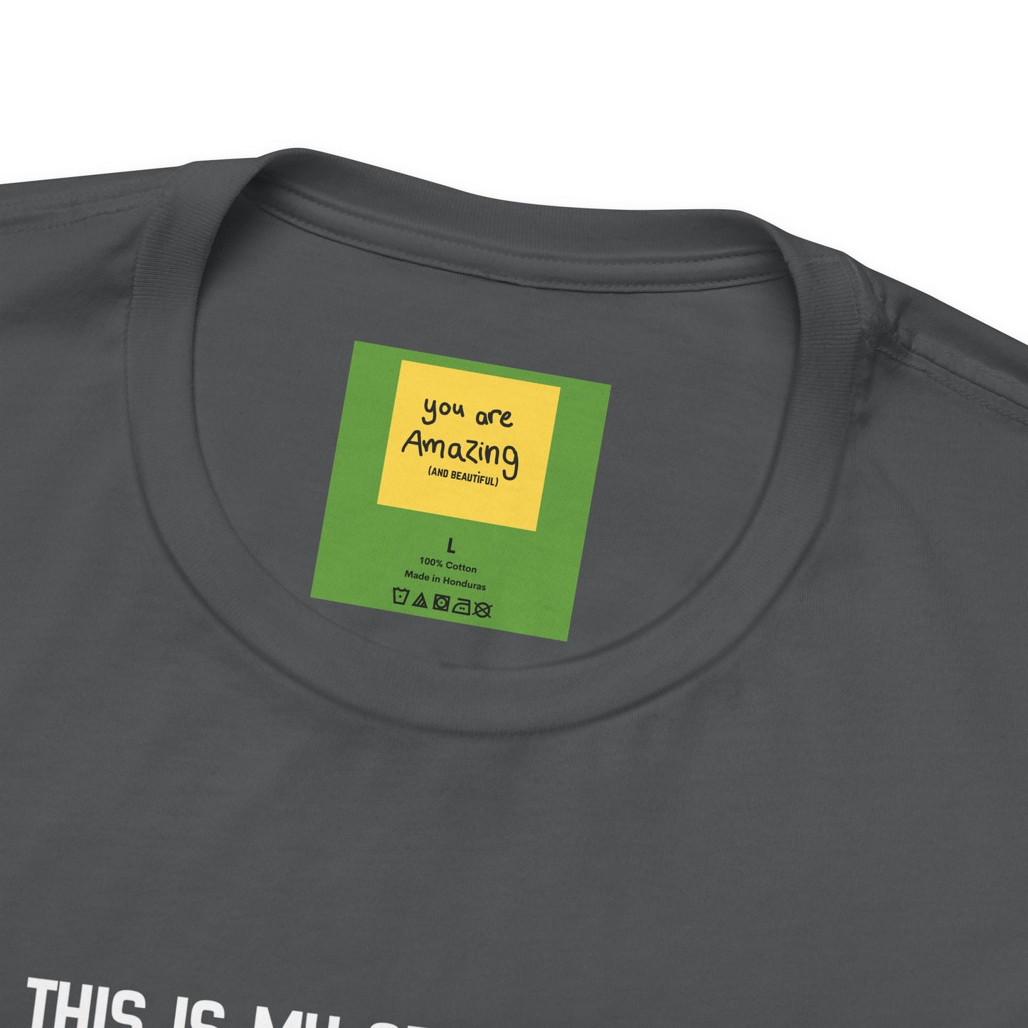 close up of neck label that reads Youa re Amazing And Beautiful on This Is My Second Rodeo western cowboy cowgirl t-shirts in pepper grey, casual rodeo apparel