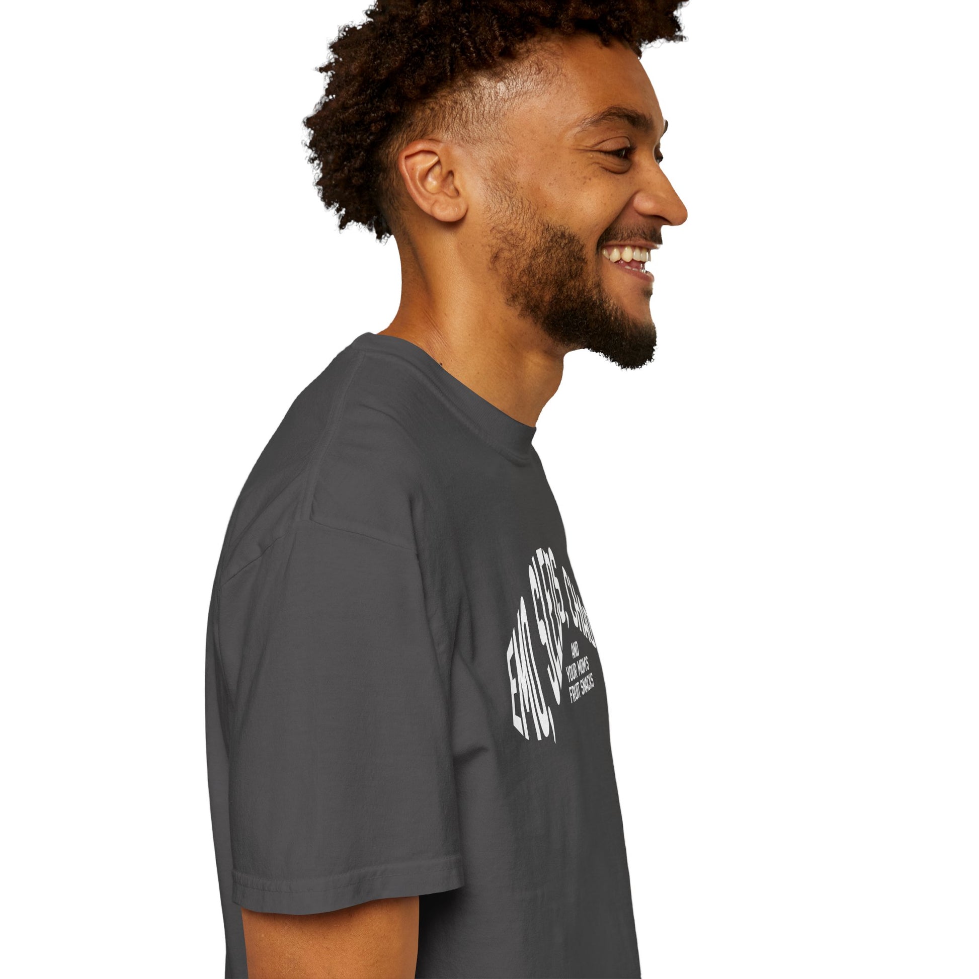 man wearing Emo Sleds Chaos Your Mom's Fruit Snacks garment-dyed t-shirt in relaxed fit, heavyweight ring-spun cotton in graphite grey side view
