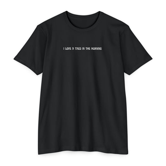 Black t-shirt with white text on a white background