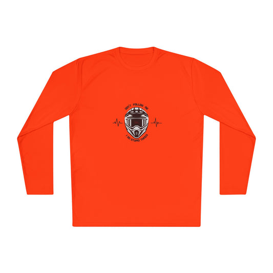 Orange long-sleeve shirt with a graphic design on a white background