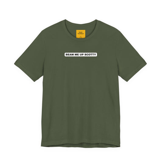 Beam Me Up Scotty Mandela Effect t-shirt in military green, unisex Bella Canvas 3001, featuring Star Trek misquote text design inn white on black background stripe