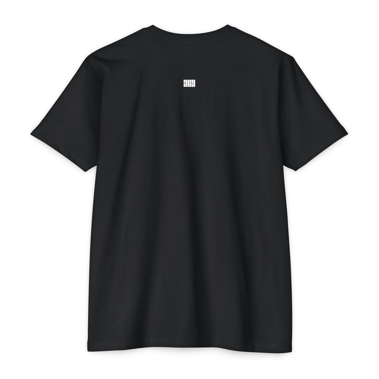 Black t-shirt with a small white 3 6 9  logo on the back against a white background