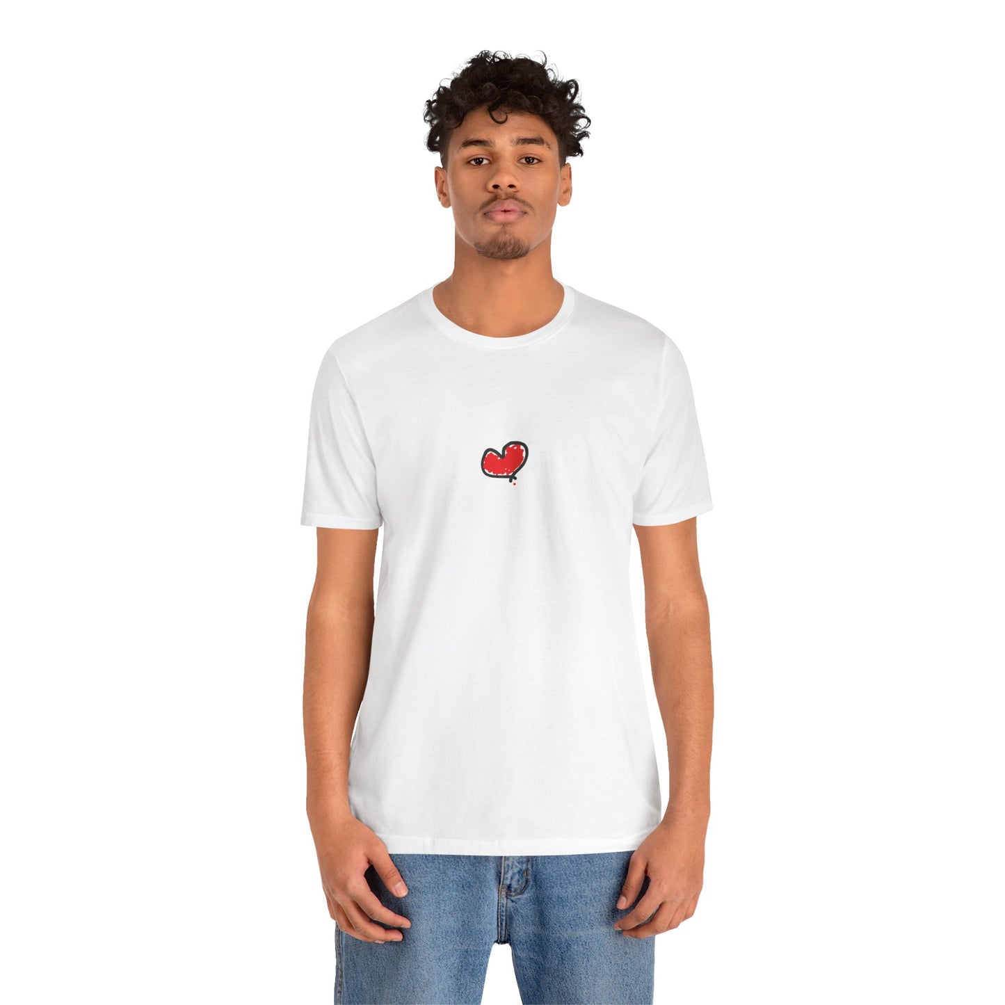 Person wearing a white t-shirt with a red heart a.hooman design on a white background -front