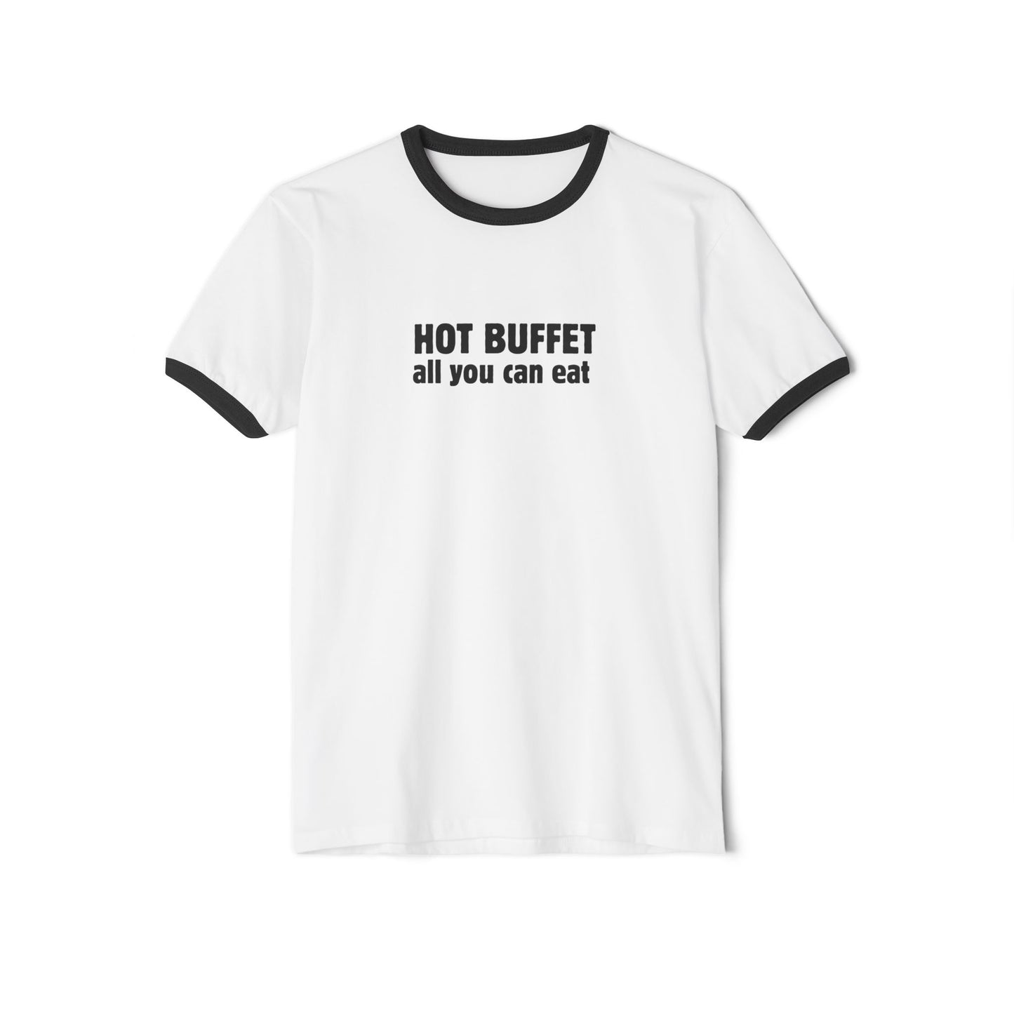 White t-shirt with black text and trim on a white background - front view