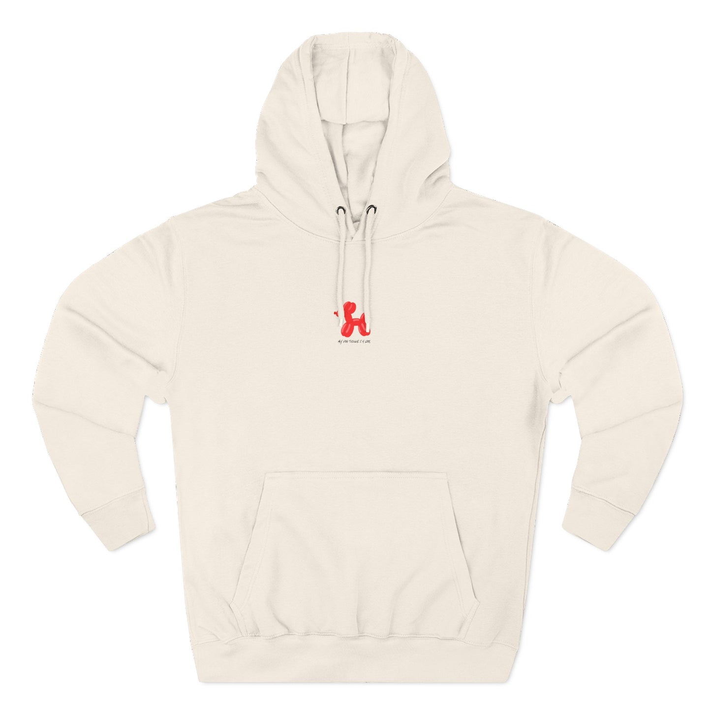 beige pullover hoodie with my dog thinks i'm cool text and red balloon dog graphic