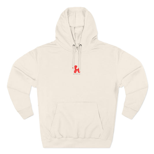 beige pullover hoodie with my dog thinks i'm cool text and red balloon dog graphic