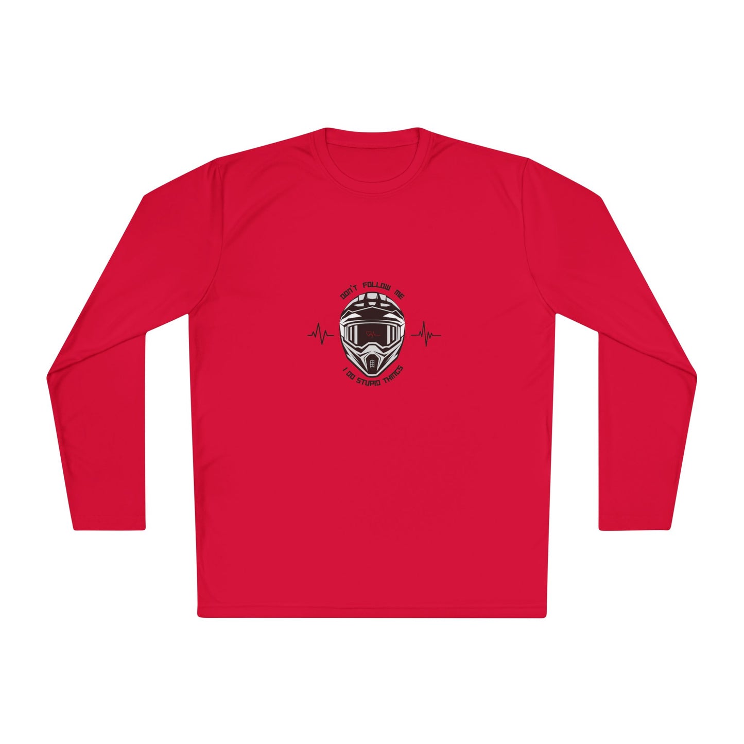 Red long-sleeve shirt with a graphic design on a white background