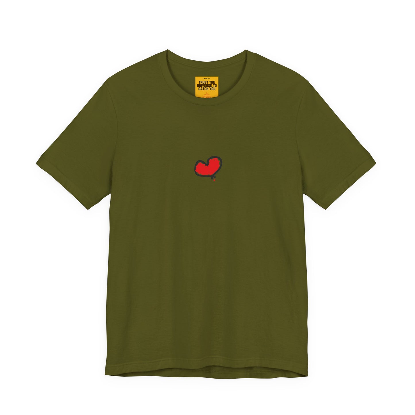 Green t-shirt with a red heart a.hooman  design on a white background and yellow tag Trust The Universe to Catch You