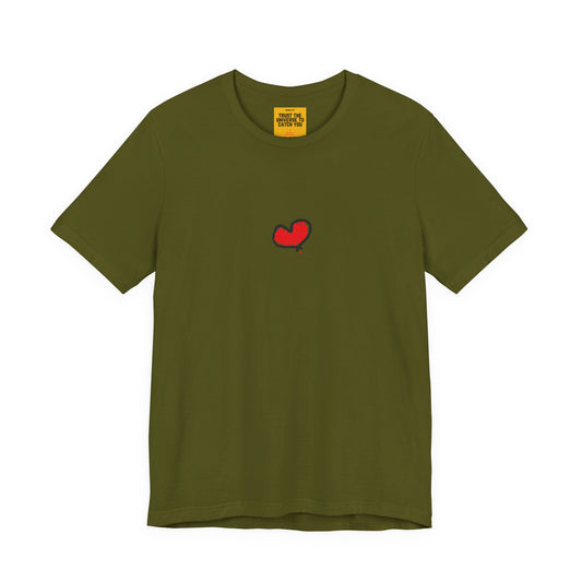 Green t-shirt with a red heart a.hooman  design on a white background and yellow tag Trust The Universe to Catch You