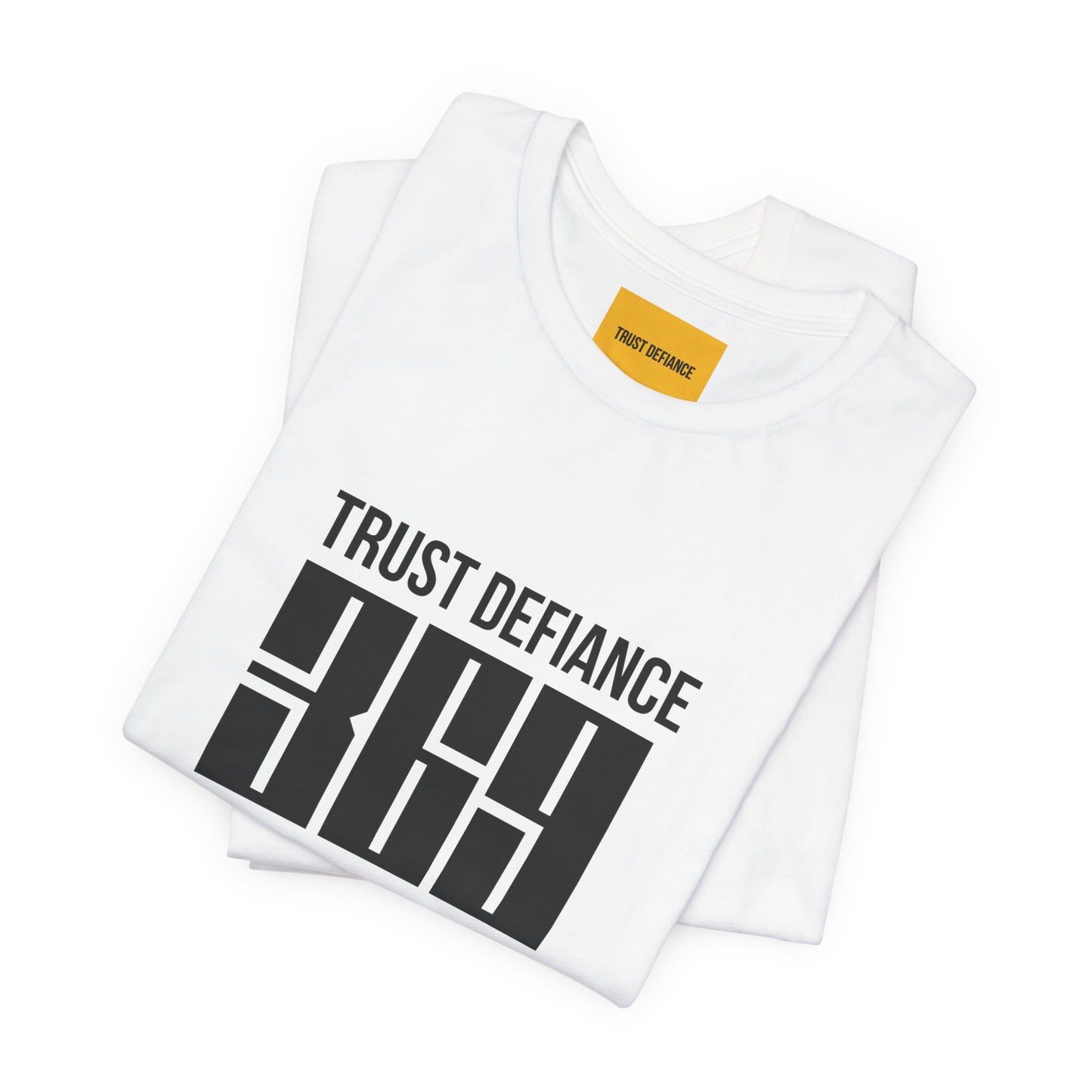 folded white unisex t-shirt with TRUST DEFIANCE 369 graphic print - manifestation streetwear tee with TRIST DEFIANCE neck label