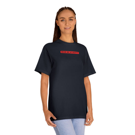 female model wearing Beam Me Up Scotty Mandela Effect t-shirt with red background, classic fit American Apparel unisex tee"