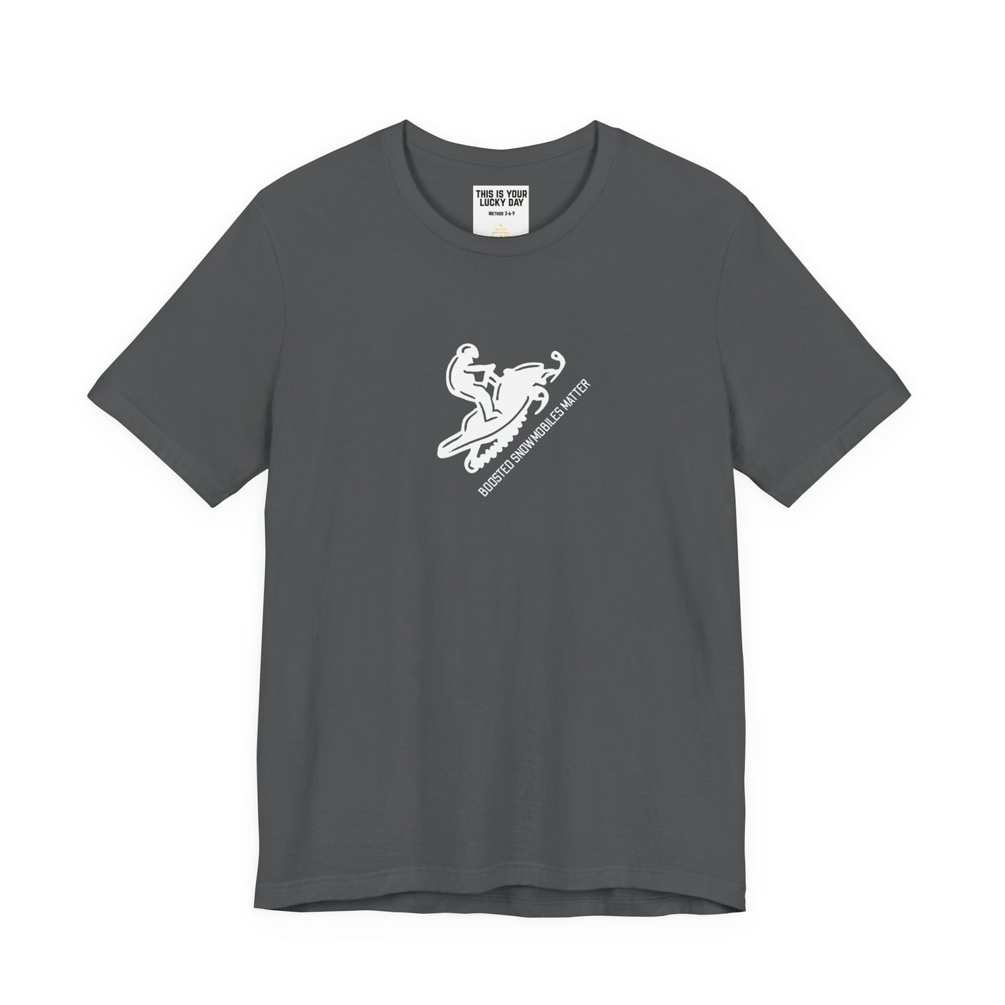 grey unisex t-shirt with diagonal white text reading BOOSTED SNOWMOBILES MATTER - snowmobile culture apparel