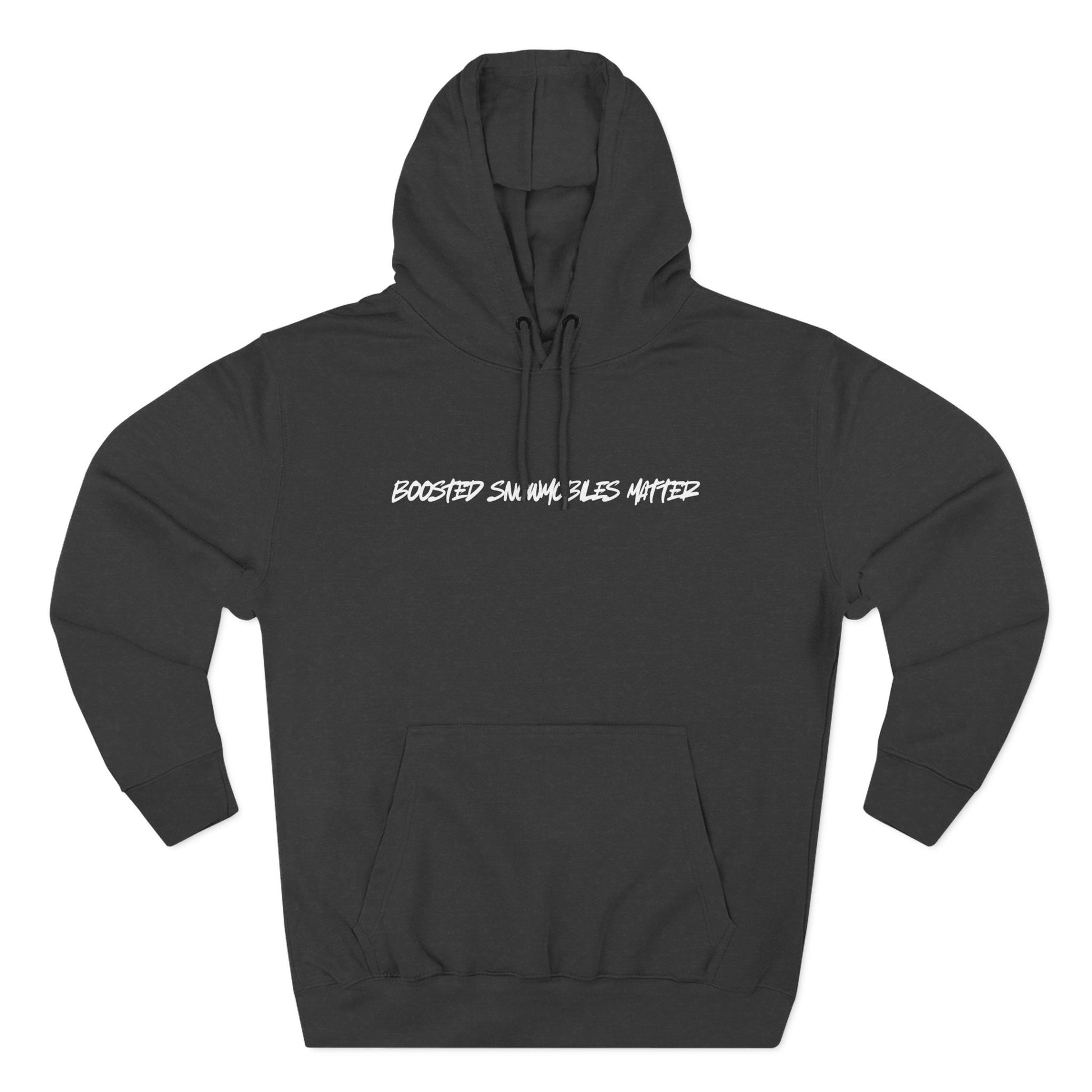 charcoal heather  fleece hoodie with BOOSTED SNOWMOBILES MATTER white text - eco-friendly snowmobile hoodie