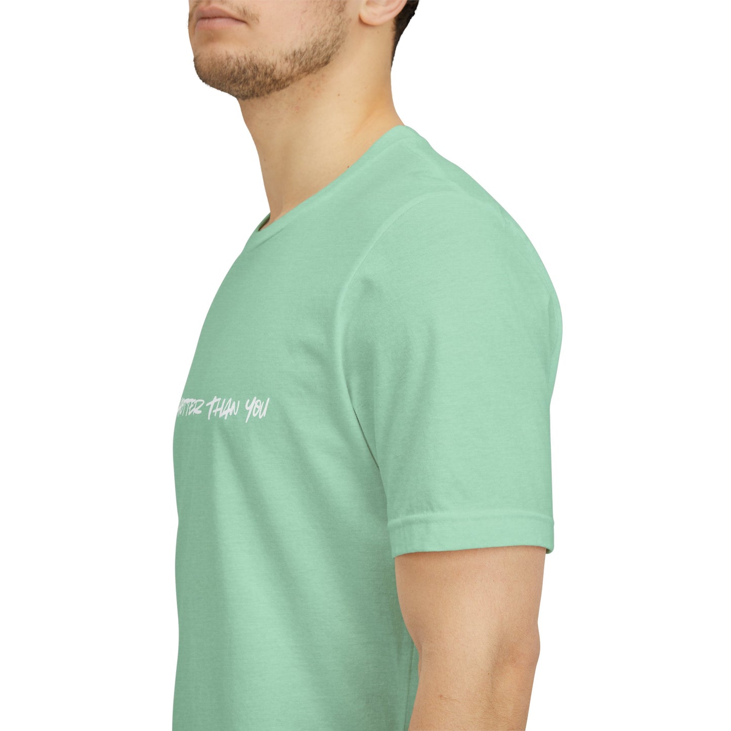 Person wearing  mint green MY WIFE IS HOTTER THAN YOU shirt - Valentine's Day gift for husband white text