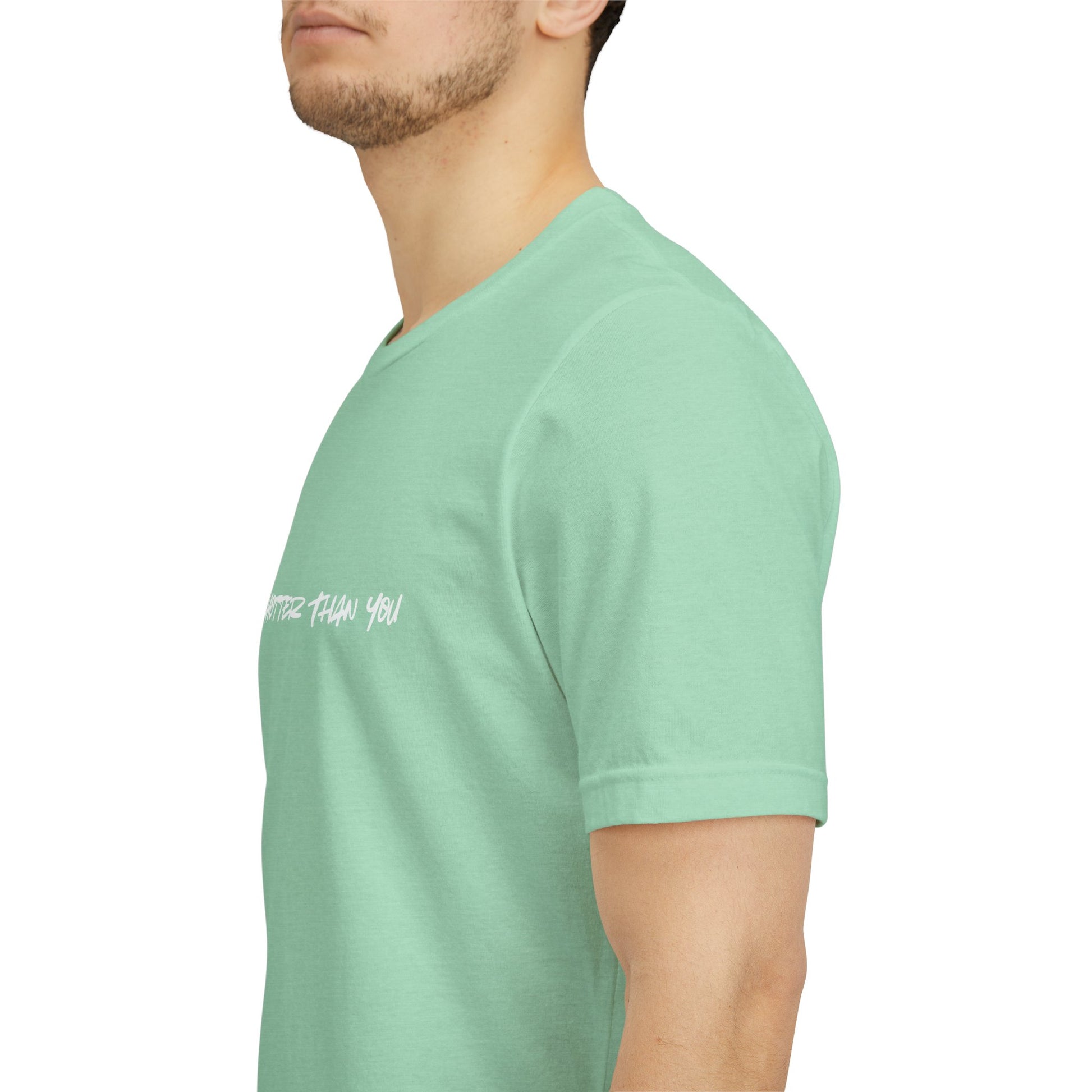 Person wearing  mint green MY WIFE IS HOTTER THAN YOU shirt - Valentine's Day gift for husband white text