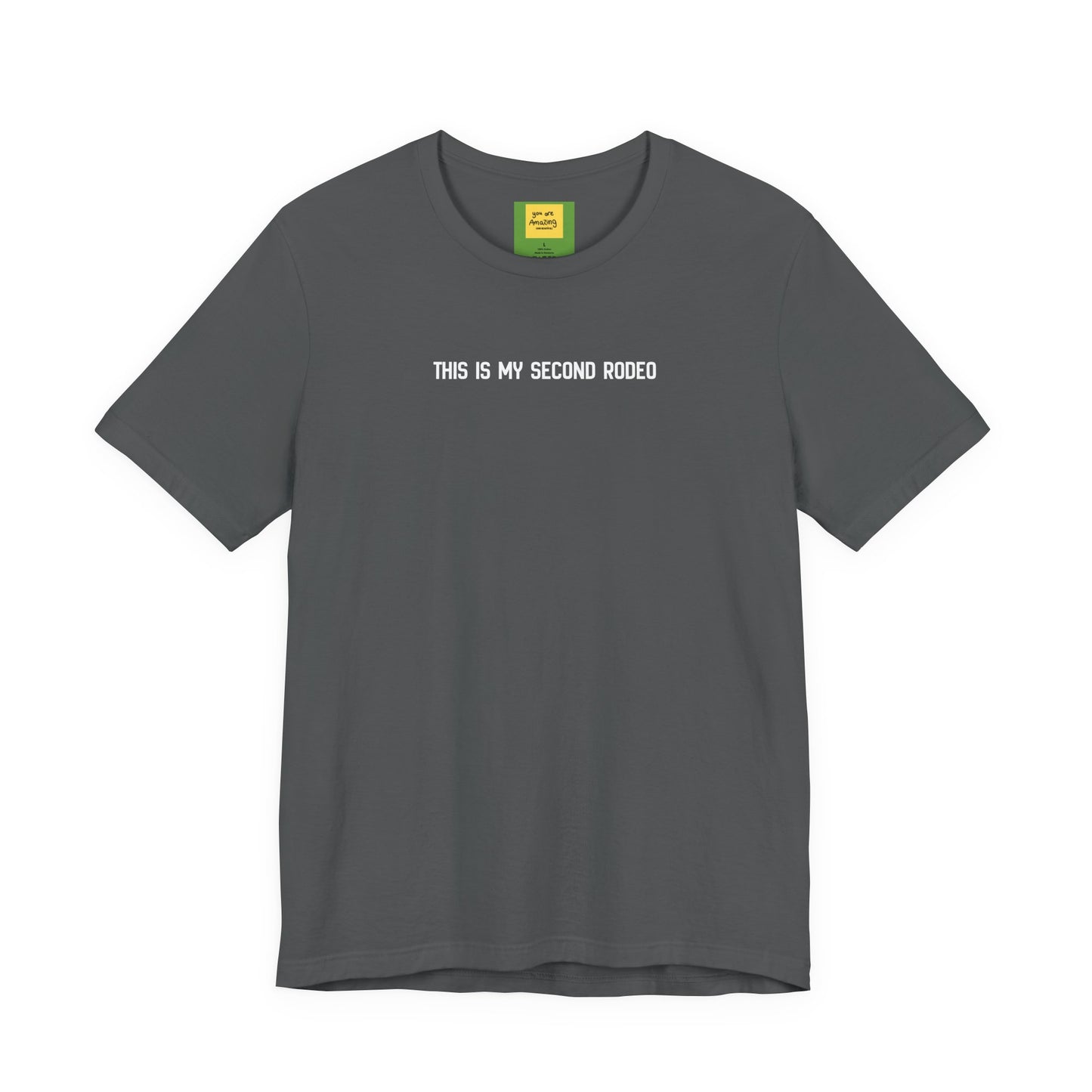 This Is My Second Rodeo funny western t-shirt in lightweight Airlume cotton, retail fit
in pepper grey with hidden message neck label "you are amazing and beautiful"