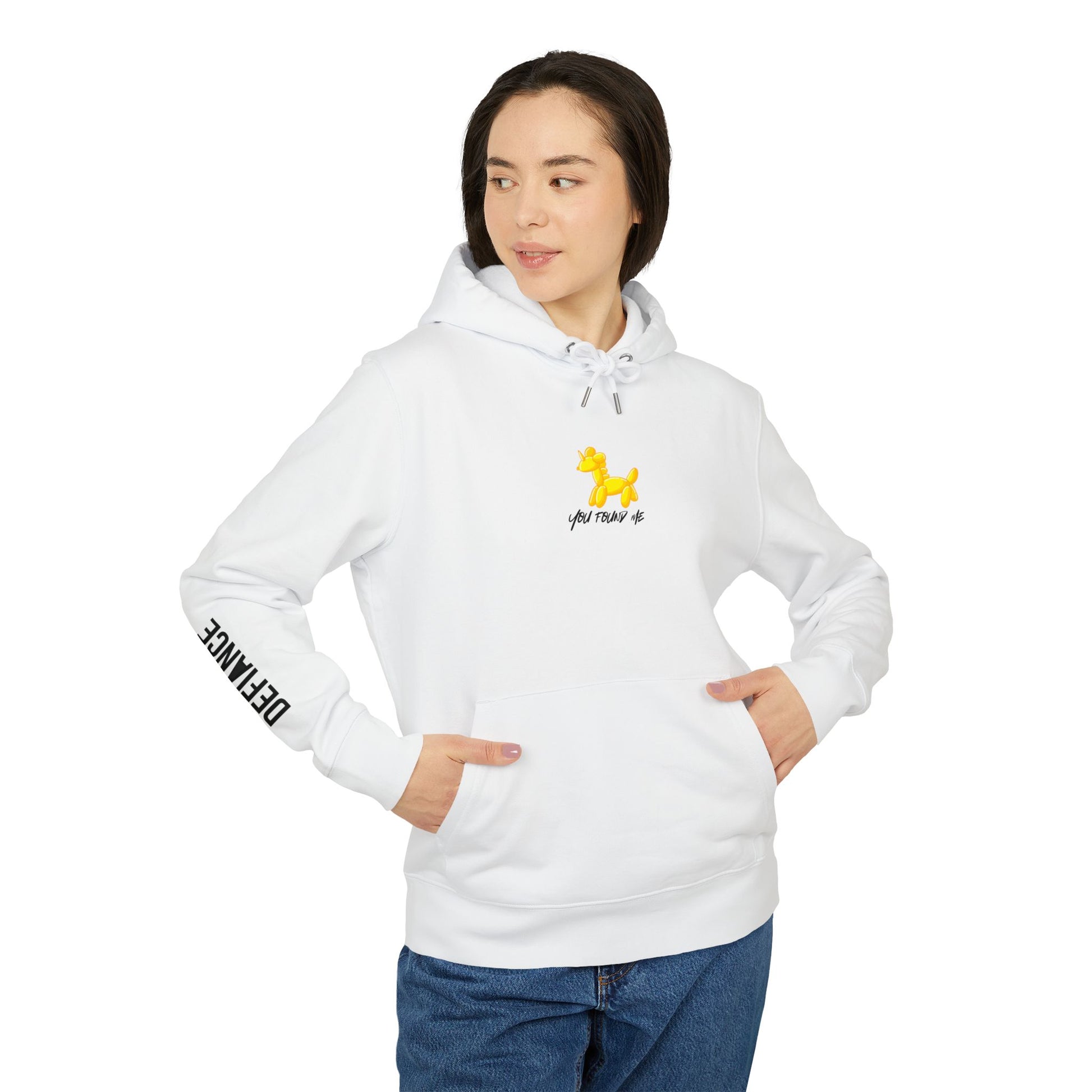 Person wearing a white hoodie with a yellow unicorn balloon animal logo on a white background with text YOU FOUND ME