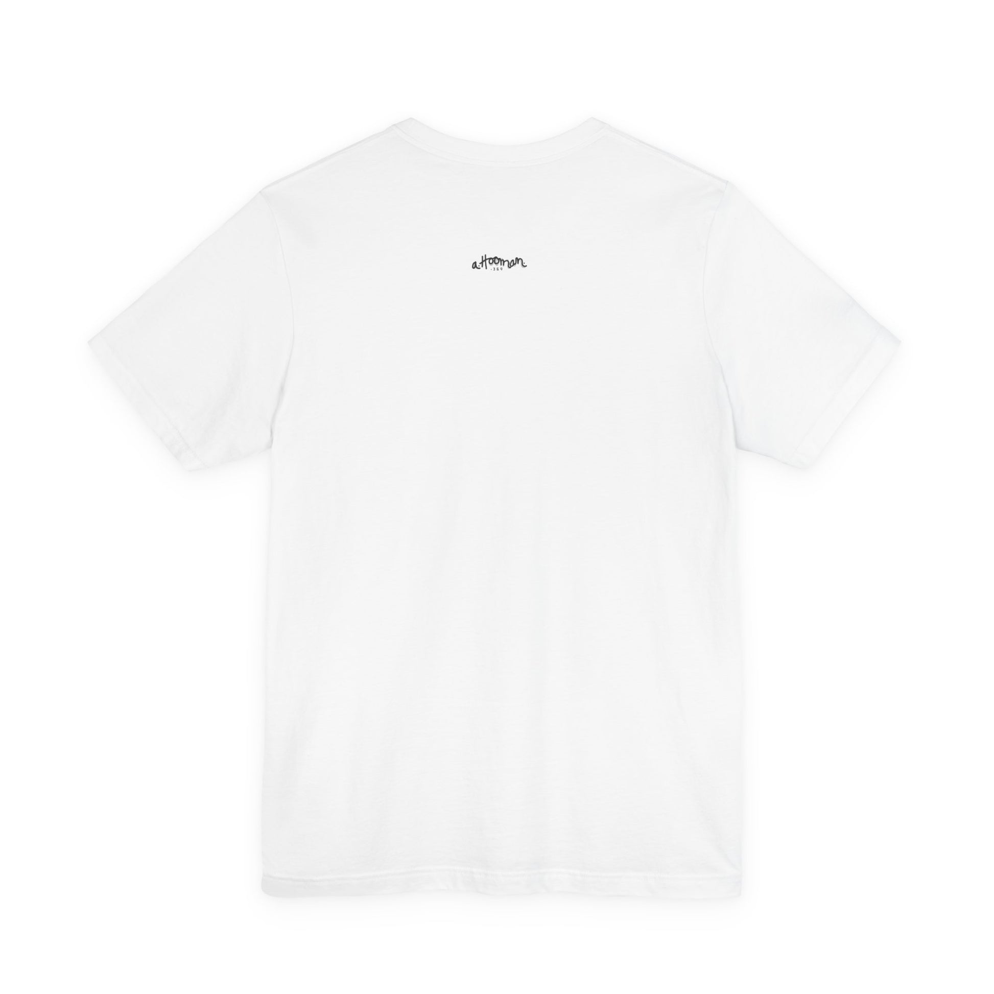 White t-shirt with a small a.hooman logo on the back against a white background