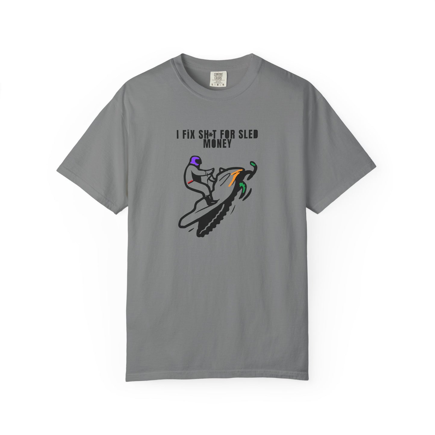 Gray t-shirt with snowmobile graphic design and text on a white background