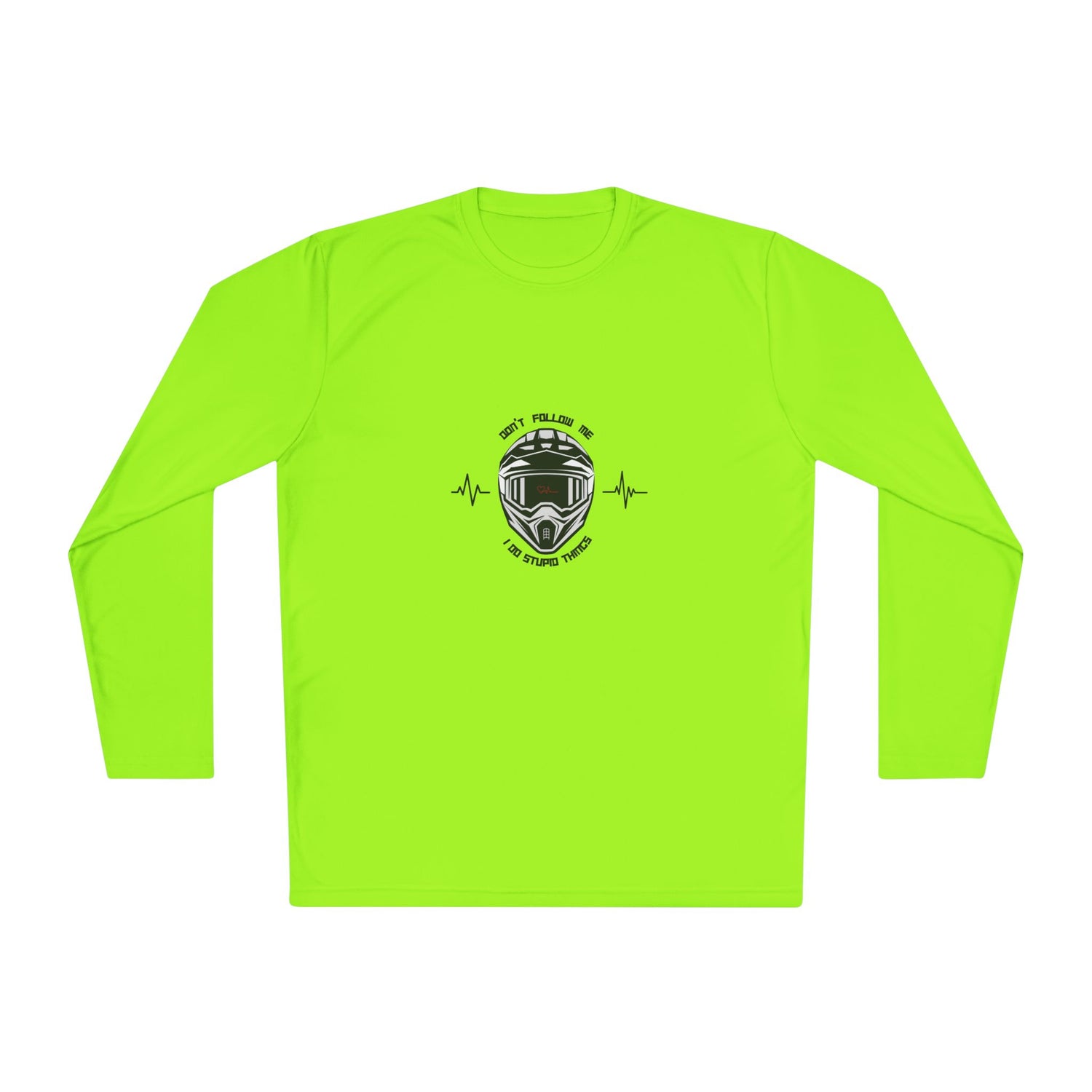 Bright green long-sleeve shirt with a graphic design on a white background