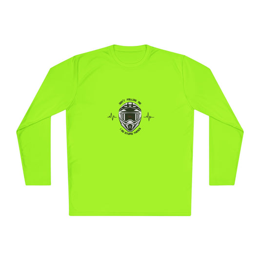Bright green long-sleeve shirt with a graphic design on a white background