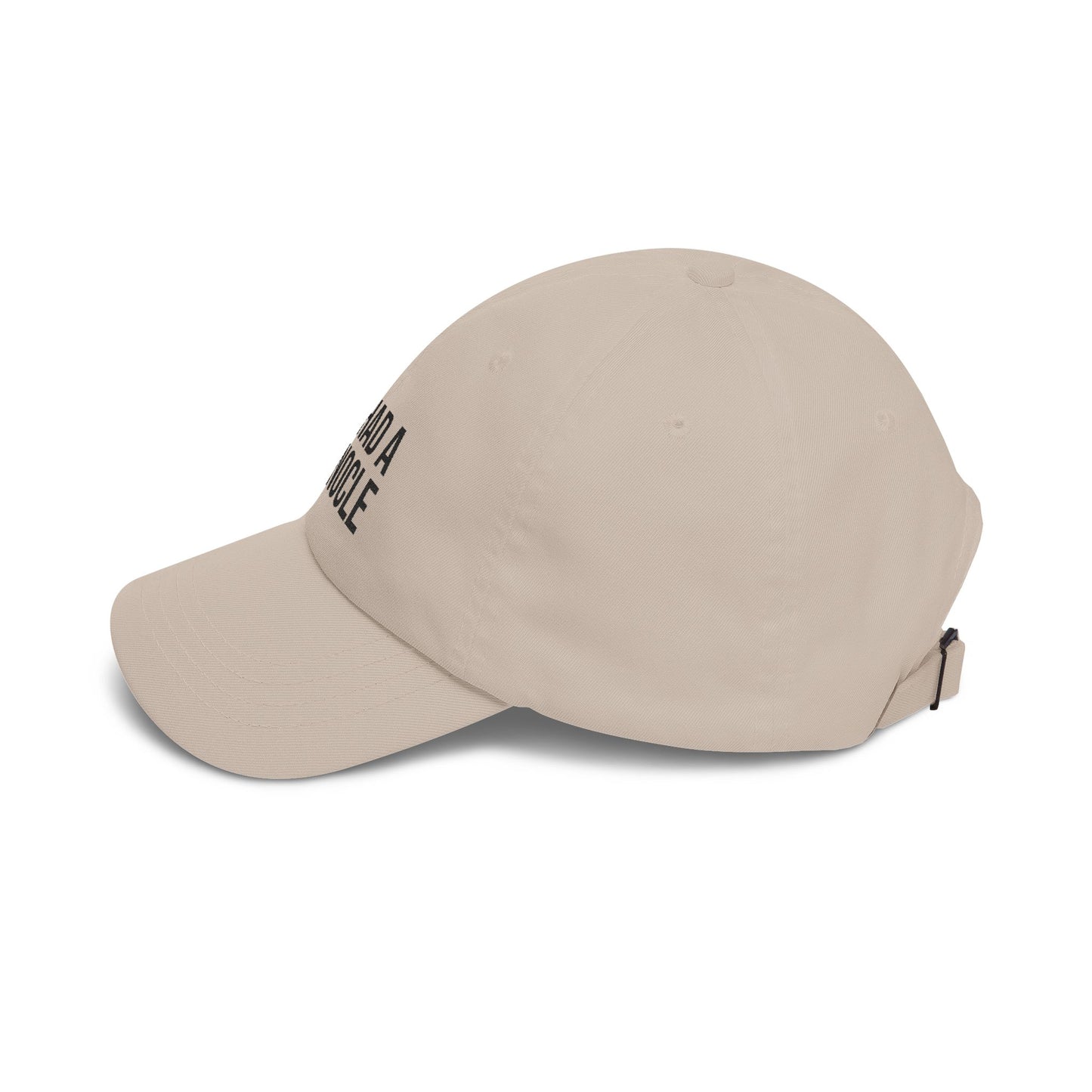 Beige cap with text on a white background