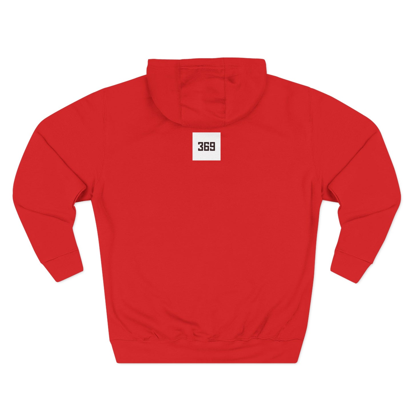 Red hoodie with a white square logo 369 on the chest on a white background