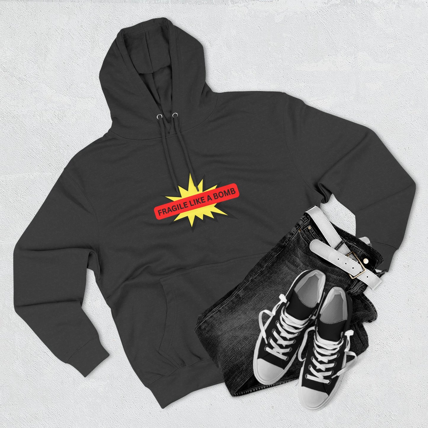 FRAGILE LIKE A BOMB- "ECO and SUSTAINABLE”, 80% Cotton, Three-Panel Fleece Hoodie-(BCI)(OEKO-TEX)
