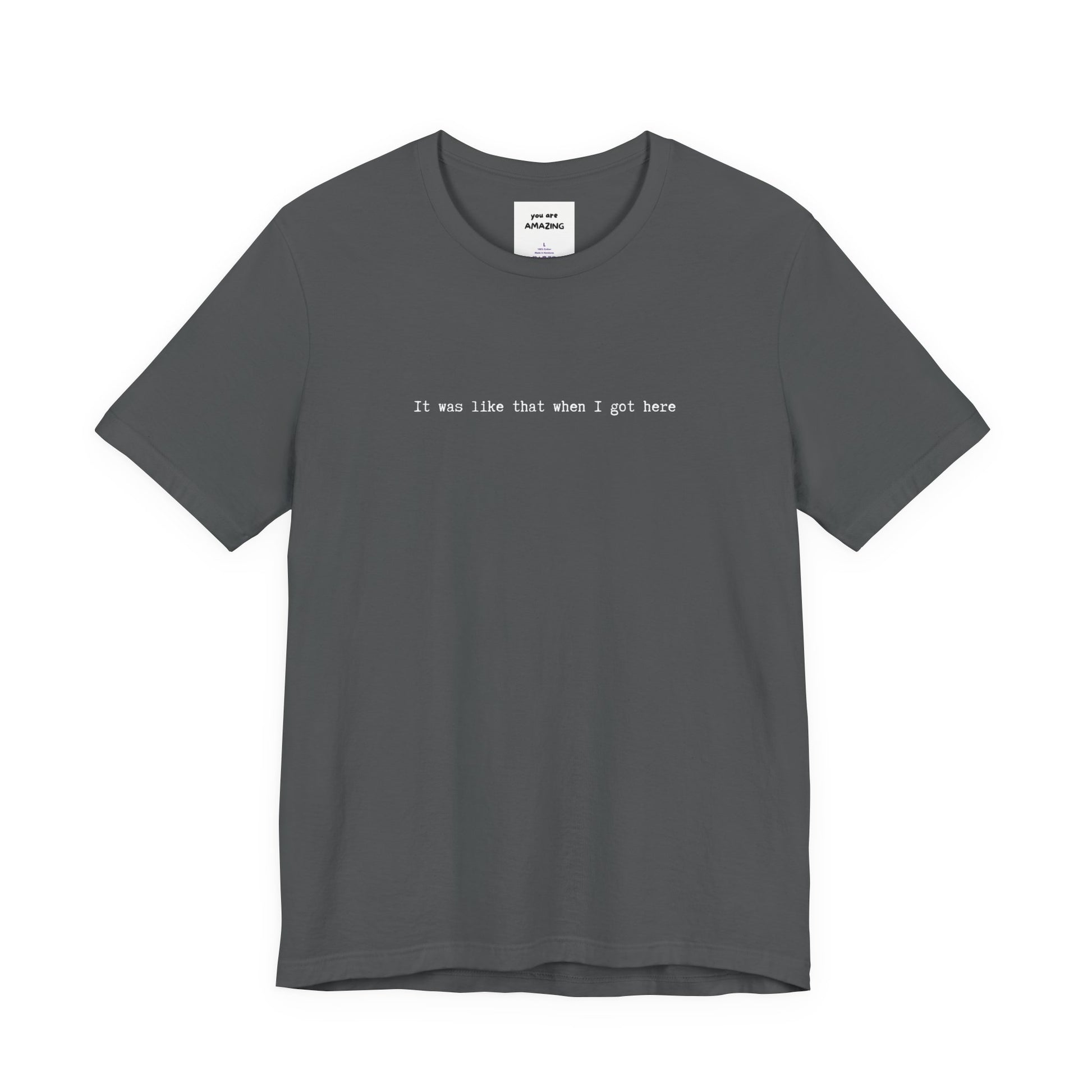 grey unisex t-shirt with white IT WAS LIKE THAT WHEN I GOT HERE text - funny sarcastic tee