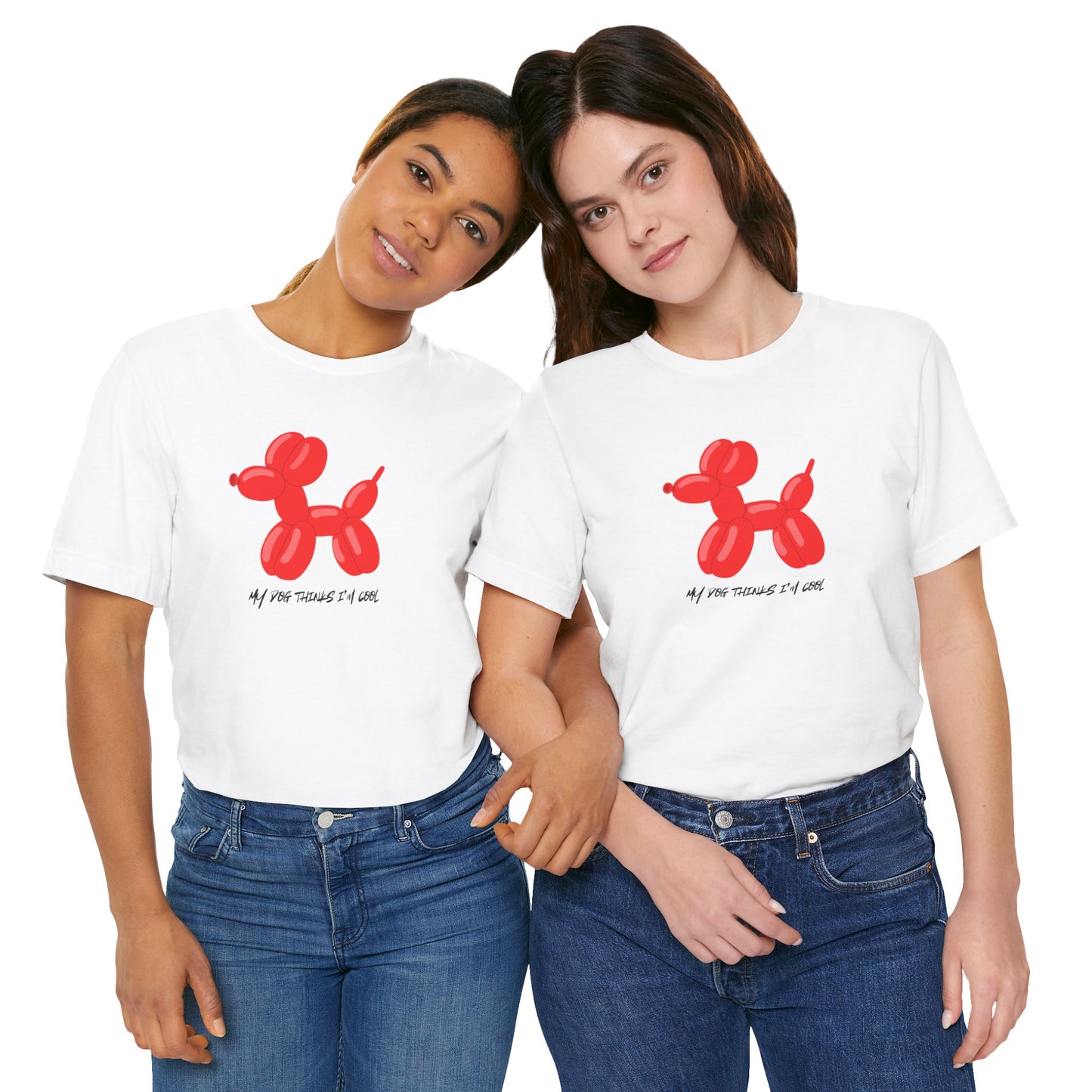 two people wearing Close-up of red balloon animal dog graphic on white cotton tee - playful dog design