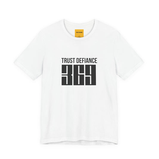 white unisex t-shirt with TRUST DEFIANCE 369 graphic print - manifestation streetwear tee