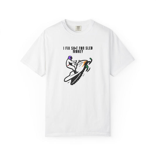 White t-shirt with snowmobile graphic design and text on a white background