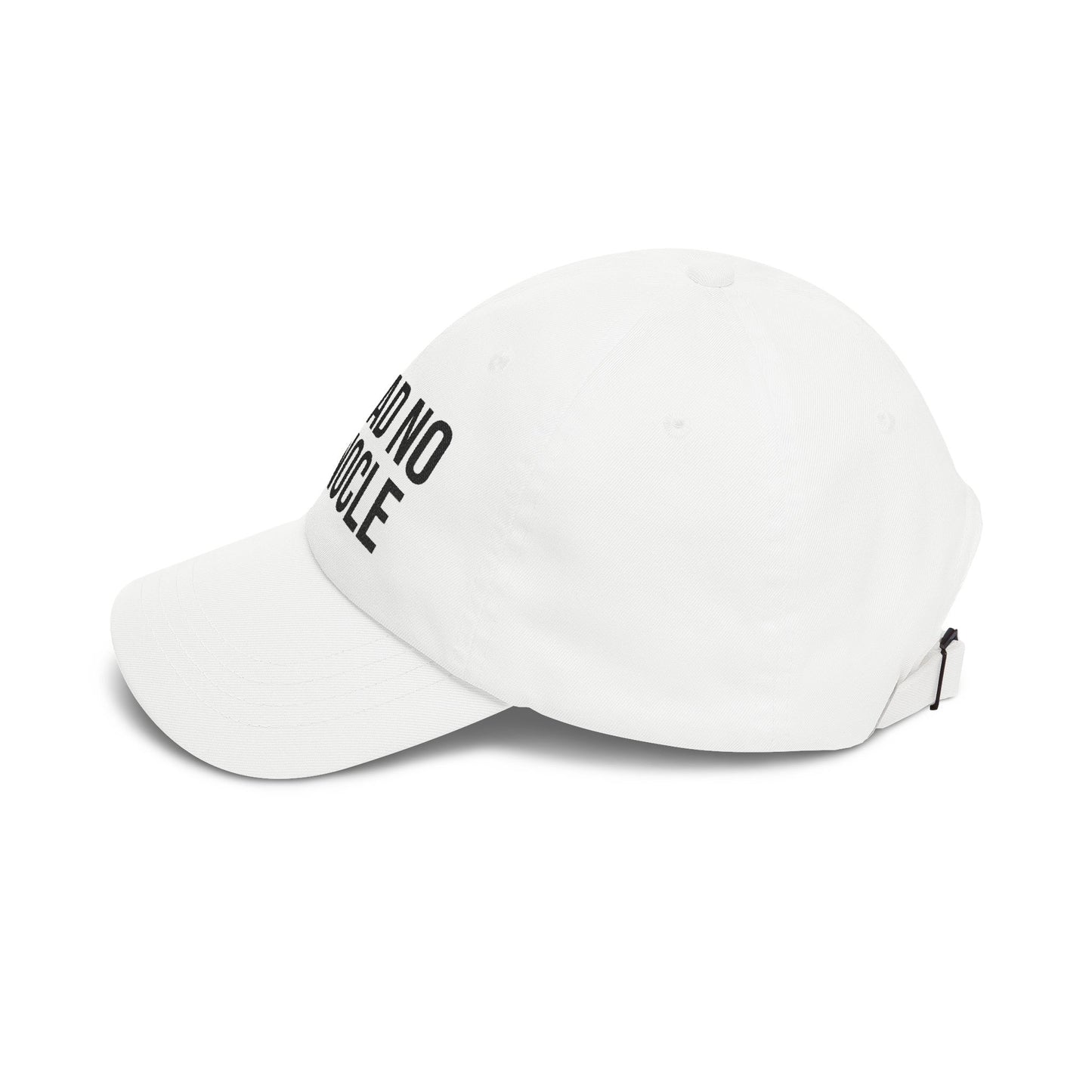 White cap with black text on a white background side view
