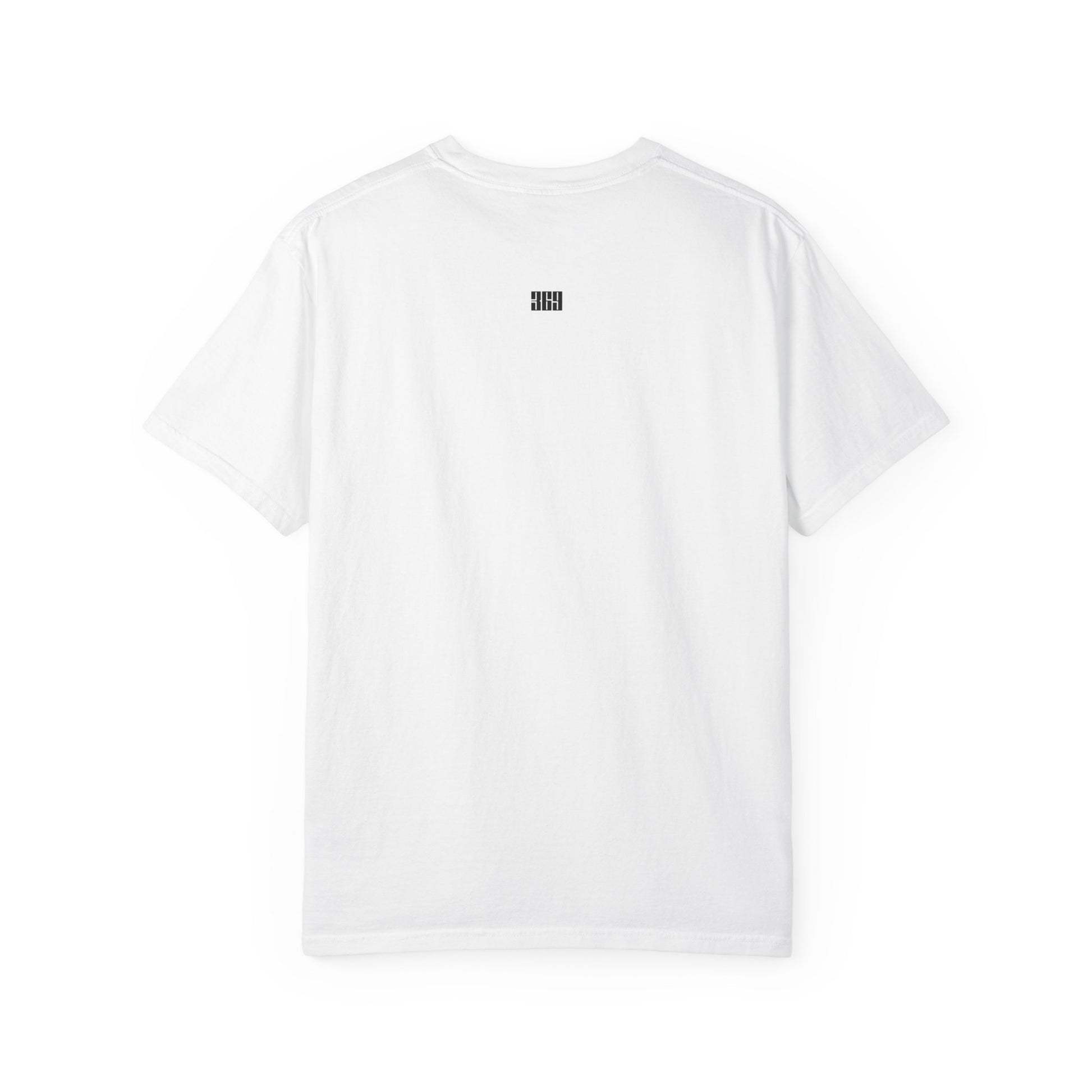 White t-shirt with a small black 369 logo on the back  against a white background