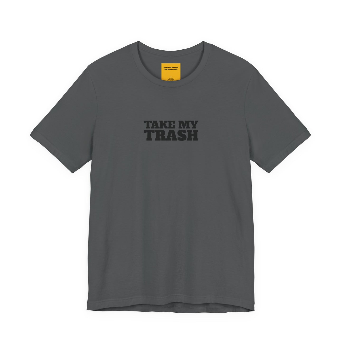 grey unisex t-shirt with TAKE MY TRASH text - funny breakup tee anti-Valentine's with neck label SOMETHING AMAZING WILL HAPPEN TODAY