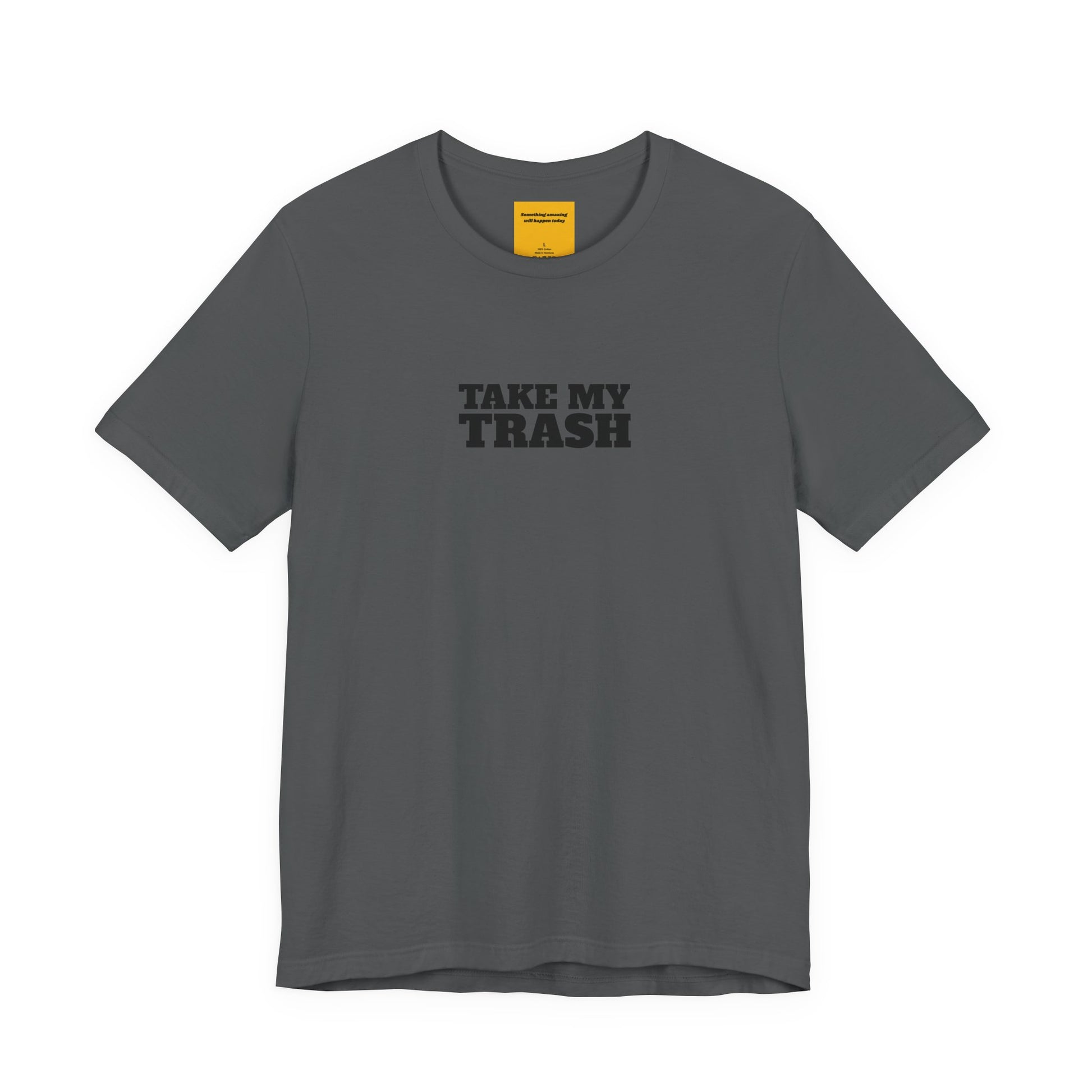 grey unisex t-shirt with TAKE MY TRASH text - funny breakup tee anti-Valentine's with neck label SOMETHING AMAZING WILL HAPPEN TODAY
