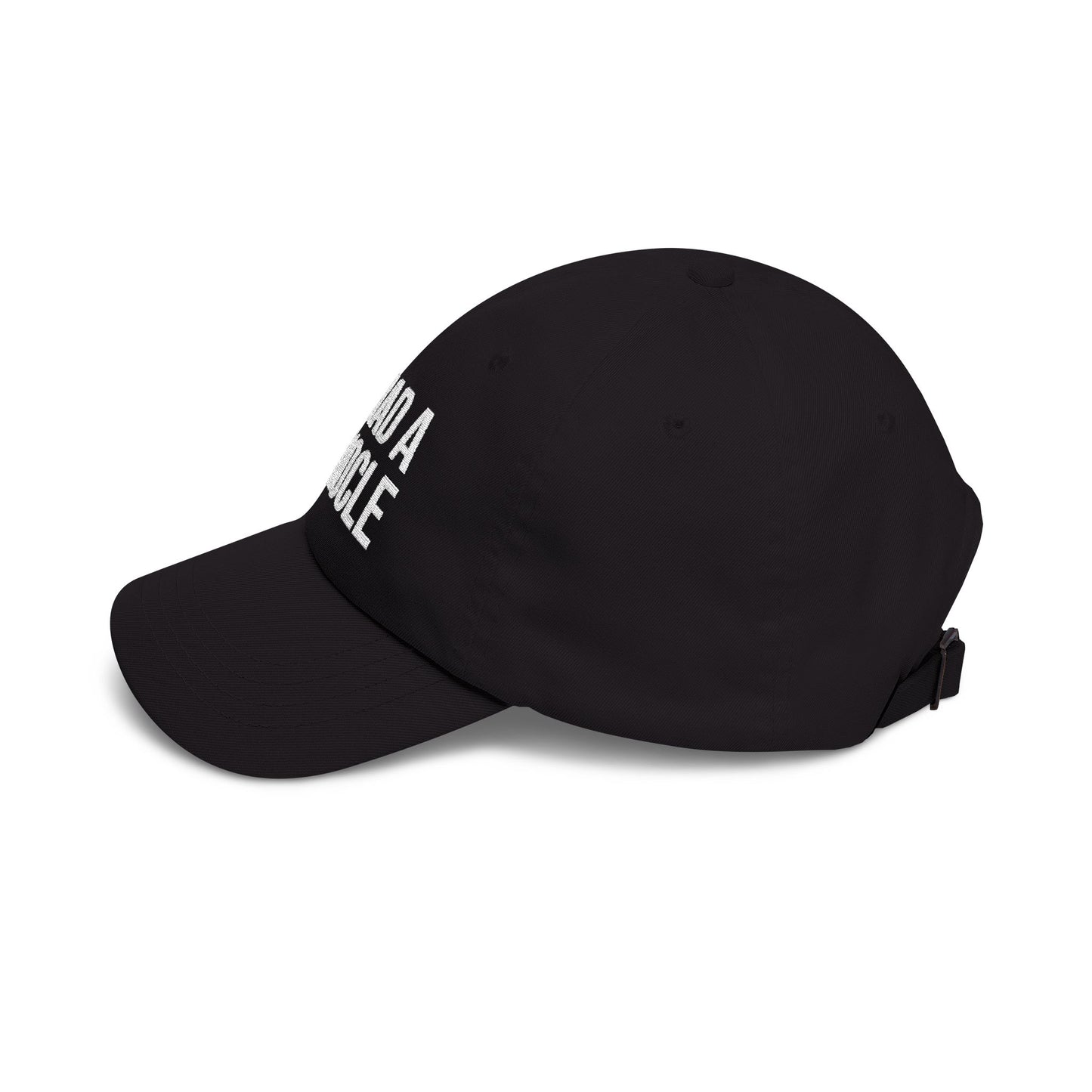 Black cap with white text on a white background