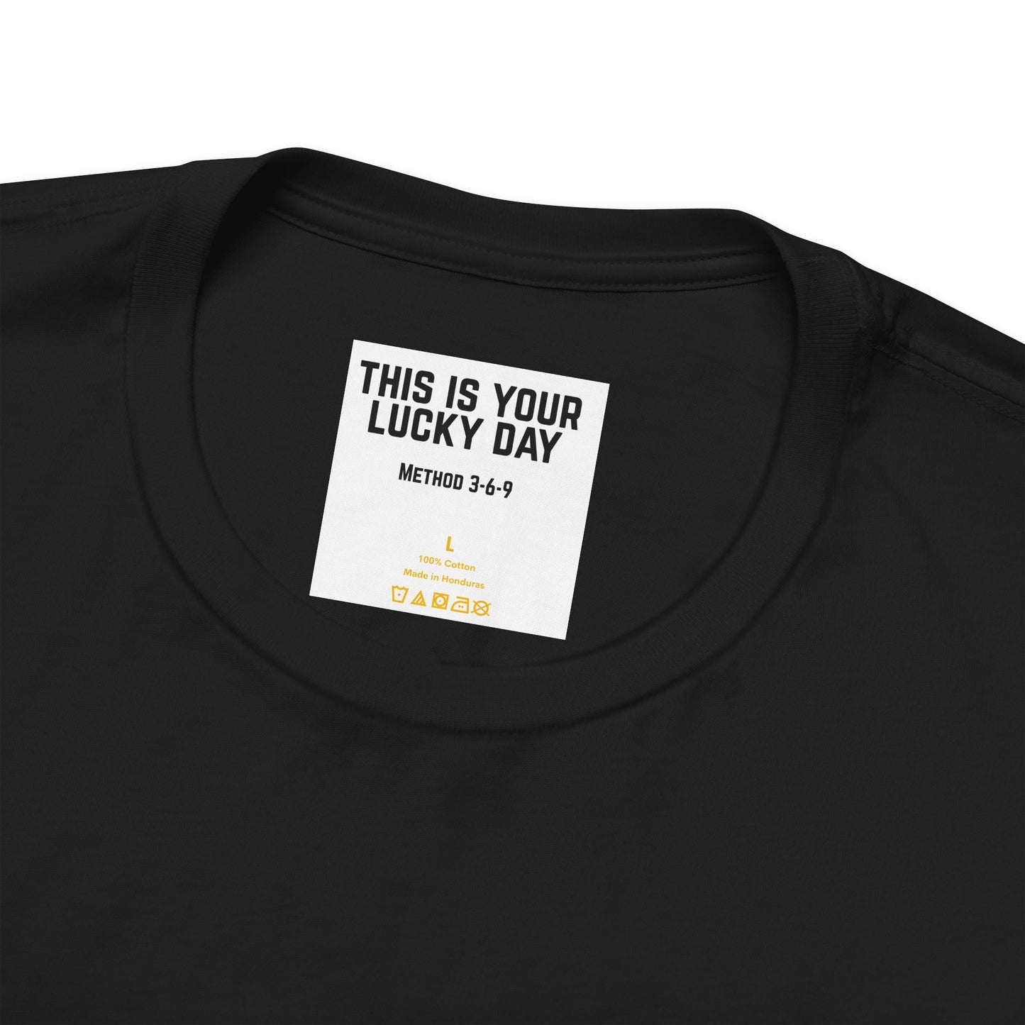 Close-up detail of neck label with text THIS IS YOUR LUCKY DAY on black Bella Canvas 3001 tee