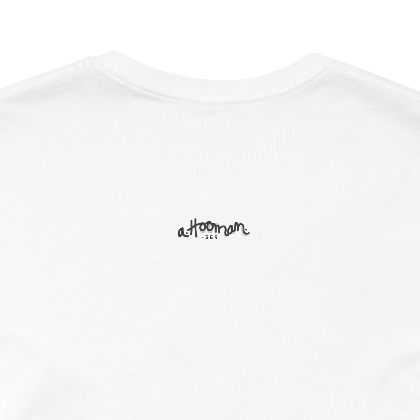 White t-shirt with 'alooman' logo on a white background back view