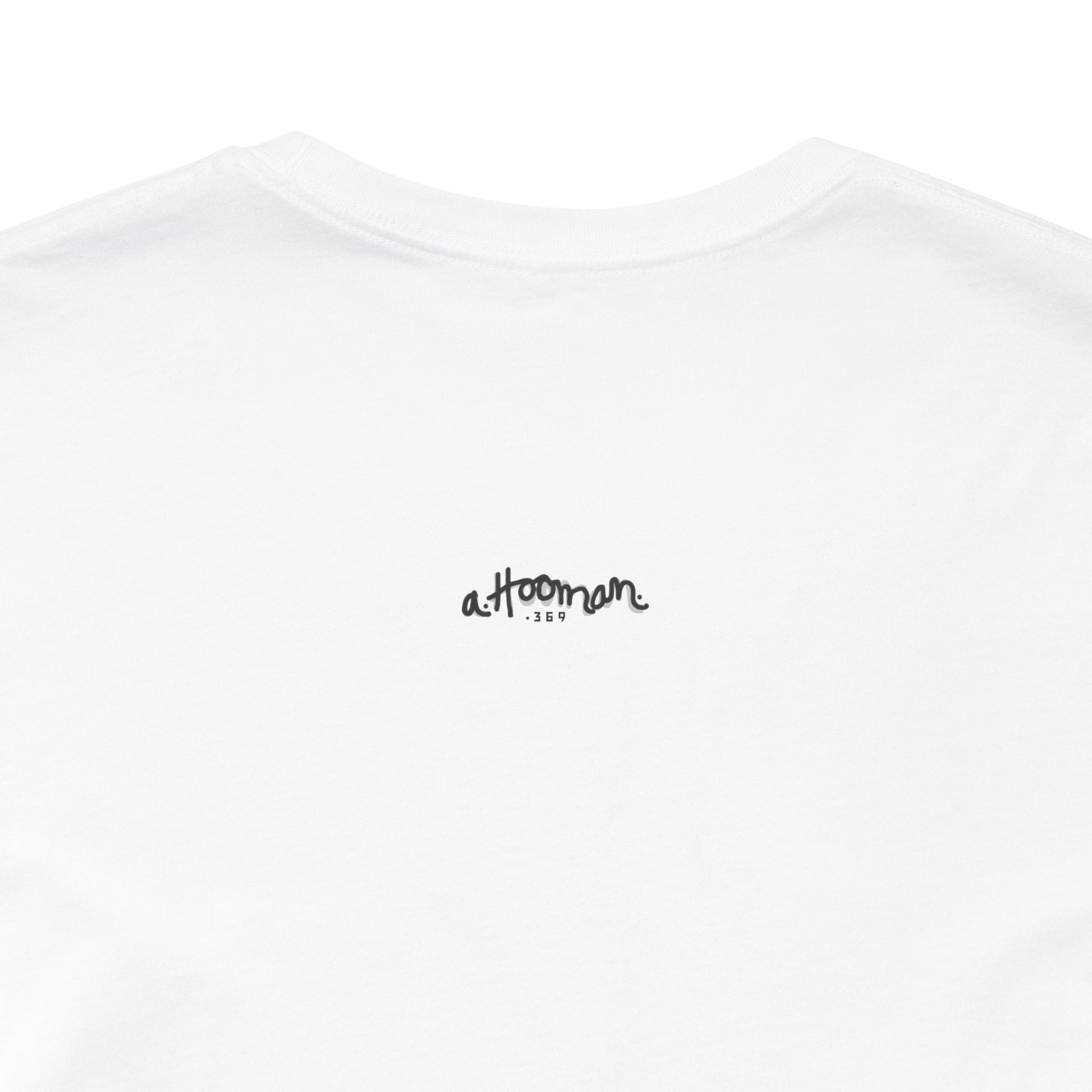 White t-shirt with 'alooman' logo on a white background back view
