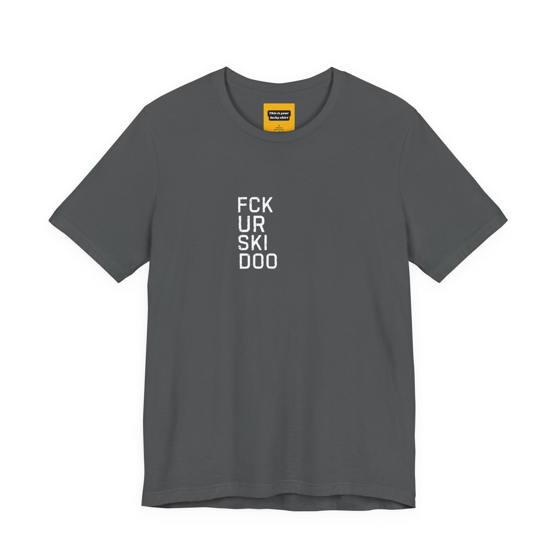 asphalt gray unisex t-shirt with FCKURSKIDO text - funny snowmobile rivalry tee
