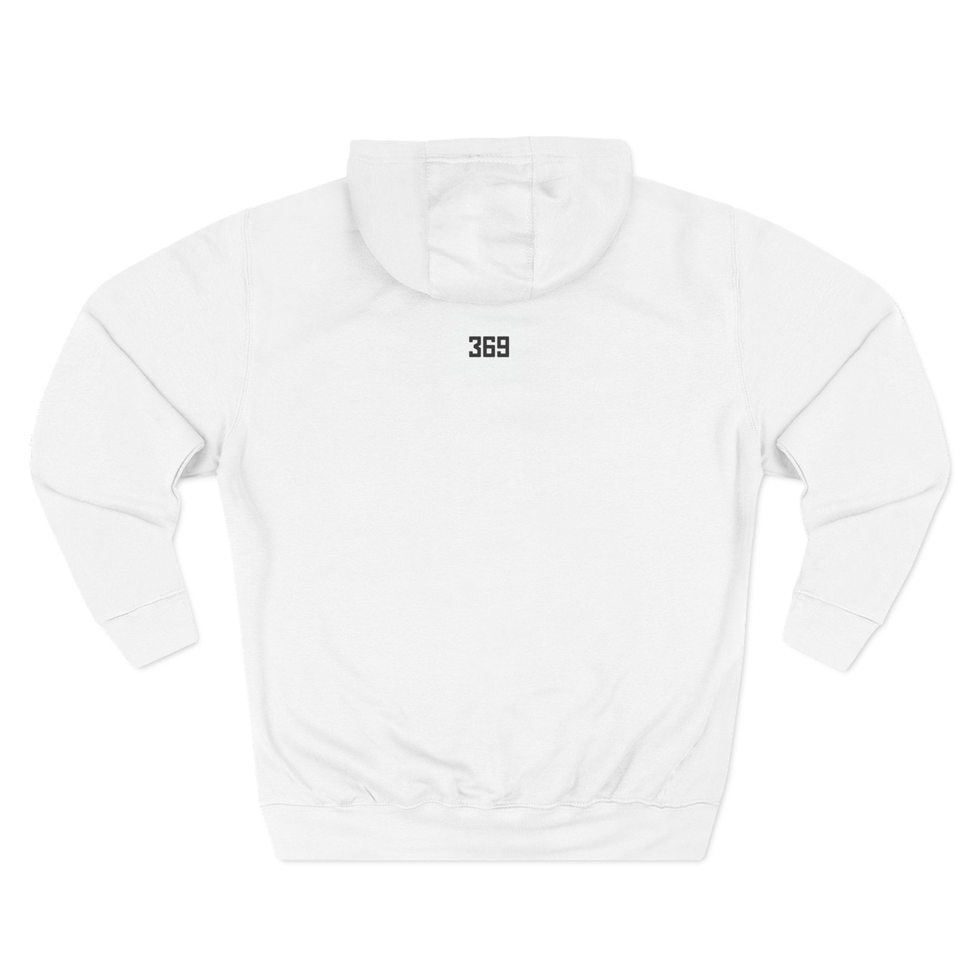 White hoodie with '369' logo on a white background