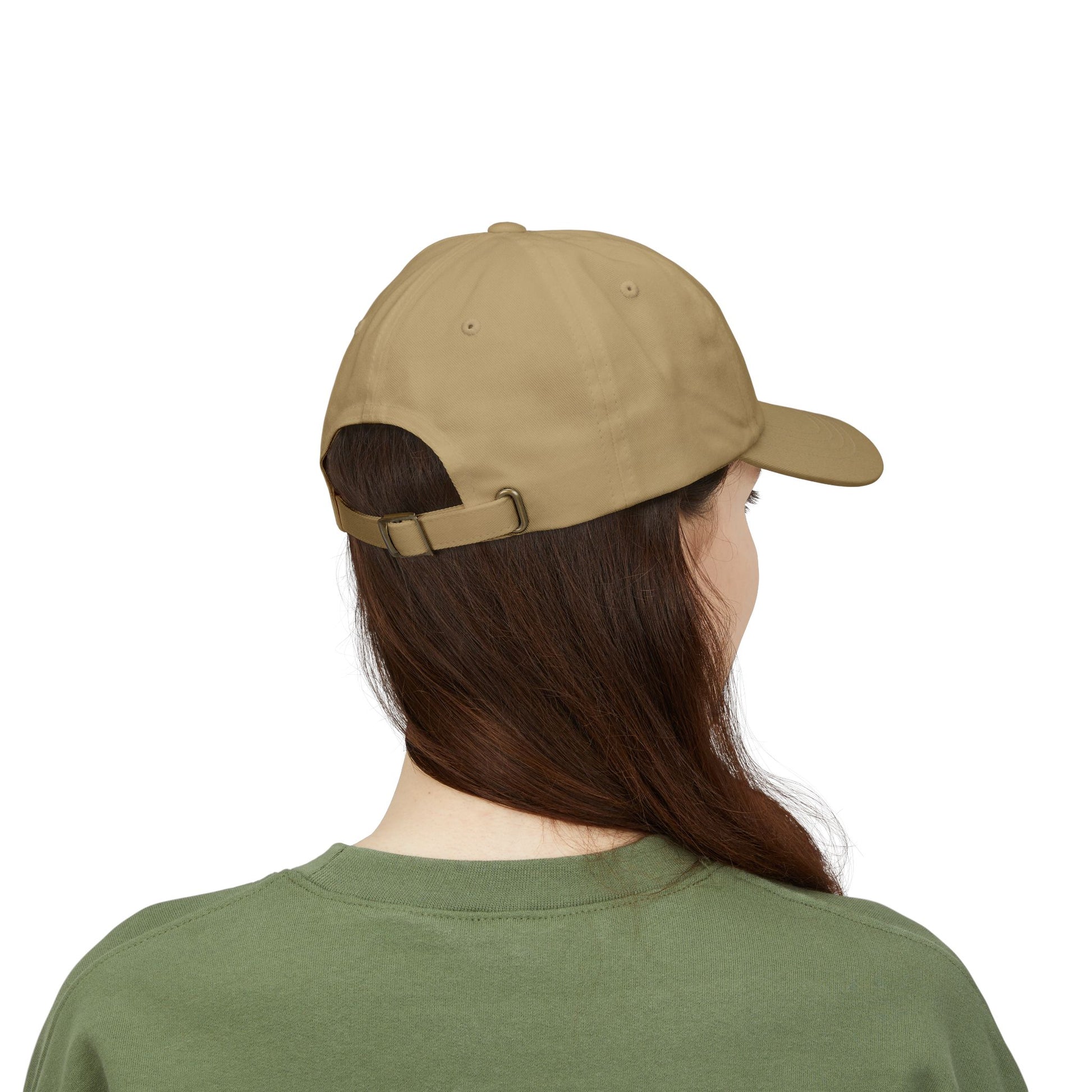 Person wearing TRUST DEFIANCE dad cap with black embroidery - free thinker streetwear- back view